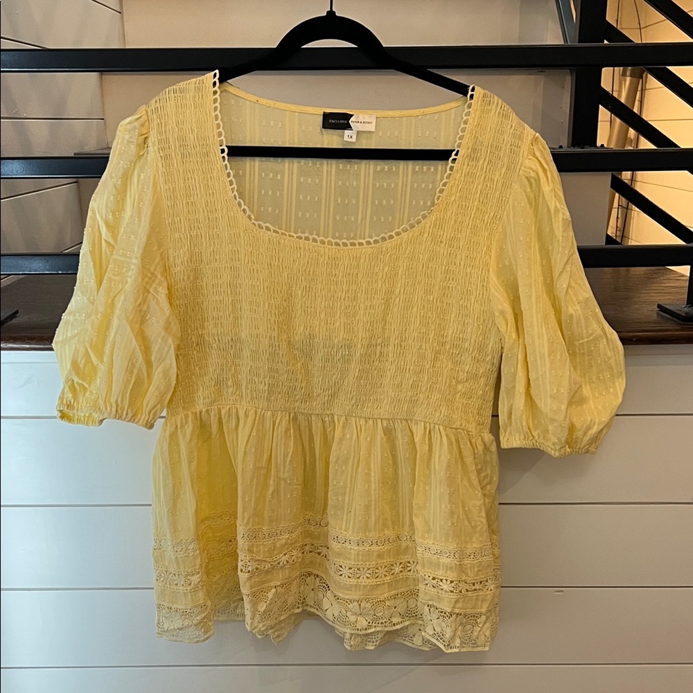 Elegant Yellow Women's Blouse with Lace Accents